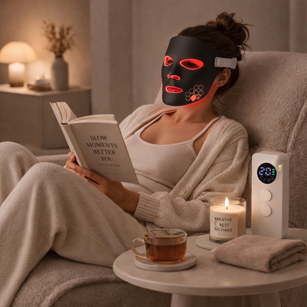 Woman wearing the Seloryn red light therapy mask during a relaxing evening ritual