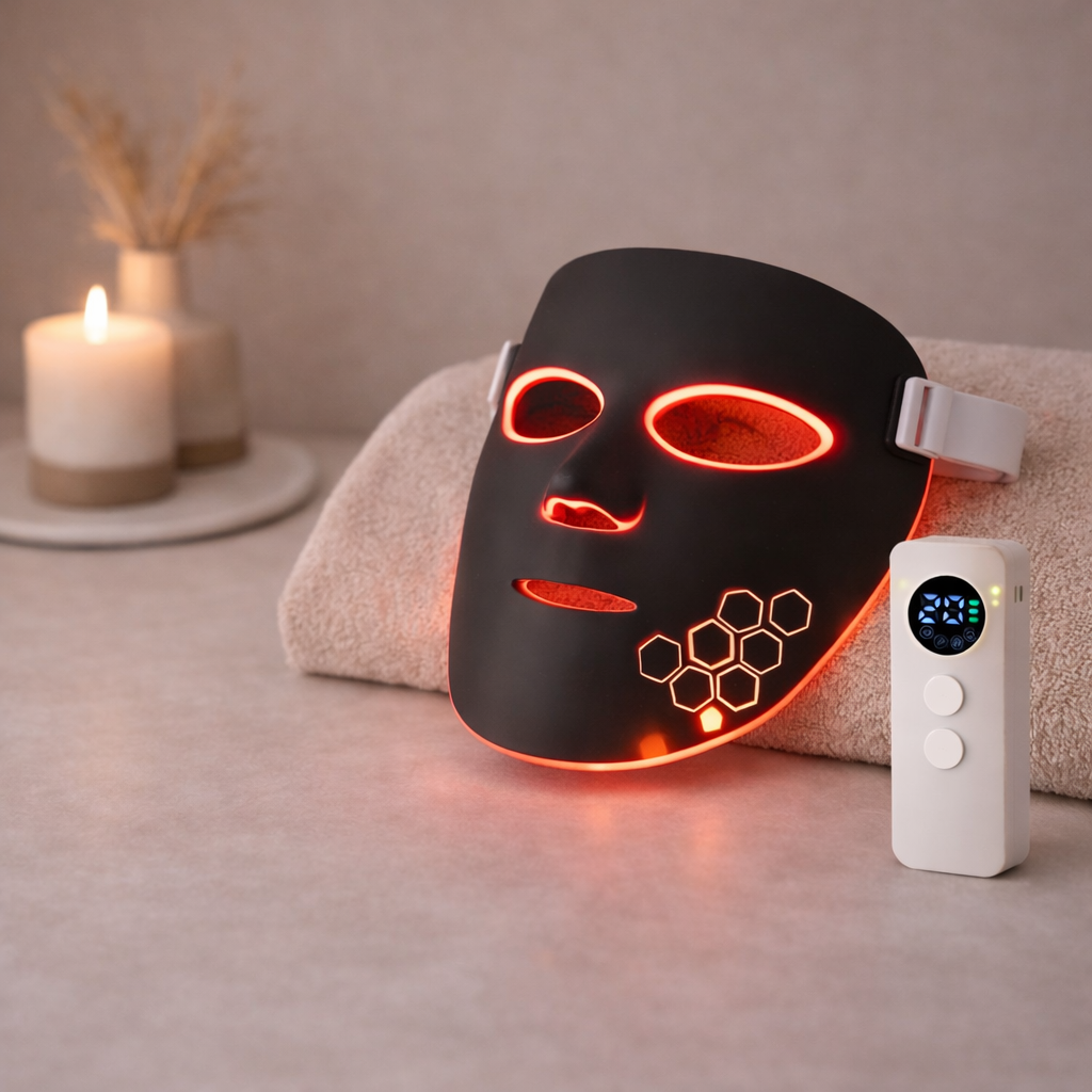 Seloryn red light therapy mask and controller in a spa-inspired still-life setting